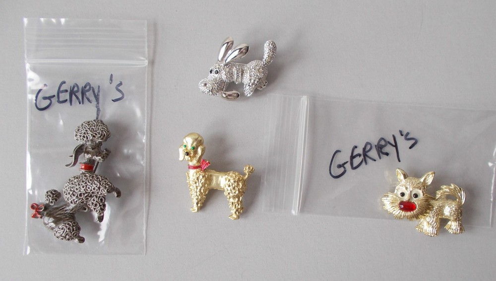 4 FUN DOG BROOCHES 2 SIGNED GERRY’S 2 POODLES & 2 CARTOON-ISH