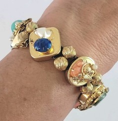 Vtg Victorian Revival Slide Charm Bracelet Signed Safety Chain Cameo 6.5