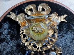 Vintage Signed Katrina Victorian Style Clock Cherub & Heart Dangle Brooch