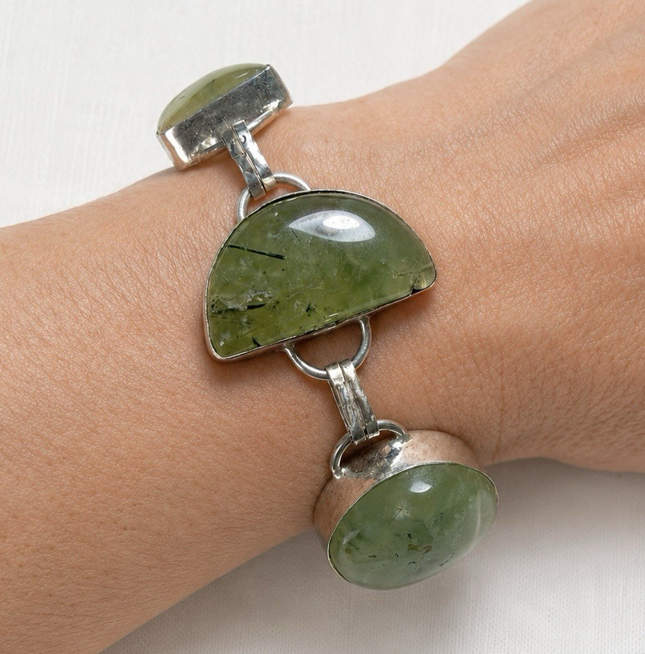 925 Sterling Silver Prehnite Gemstone Link Bracelet Adjustable 7 1/2 in – 9 inch