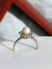 Vintage 14k White Gold White Pearl Diamond Halo Art Deco Edwardian Ring Size 6.5