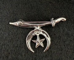 Vintage Silver Tone Masonic Scimitar Sword Cresent Star Clear Rhinestone Brooch