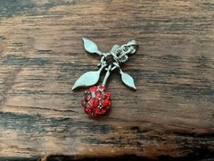 Vintage JUICY COUTURE Rhinestone Red Cherry Pendant Enameled Leaves