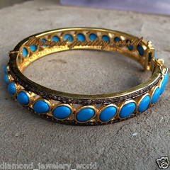 Vintage 2.49ct Rose Cut Diamond Turquoise Silver Amazing Bracelet Bangle Jewelry
