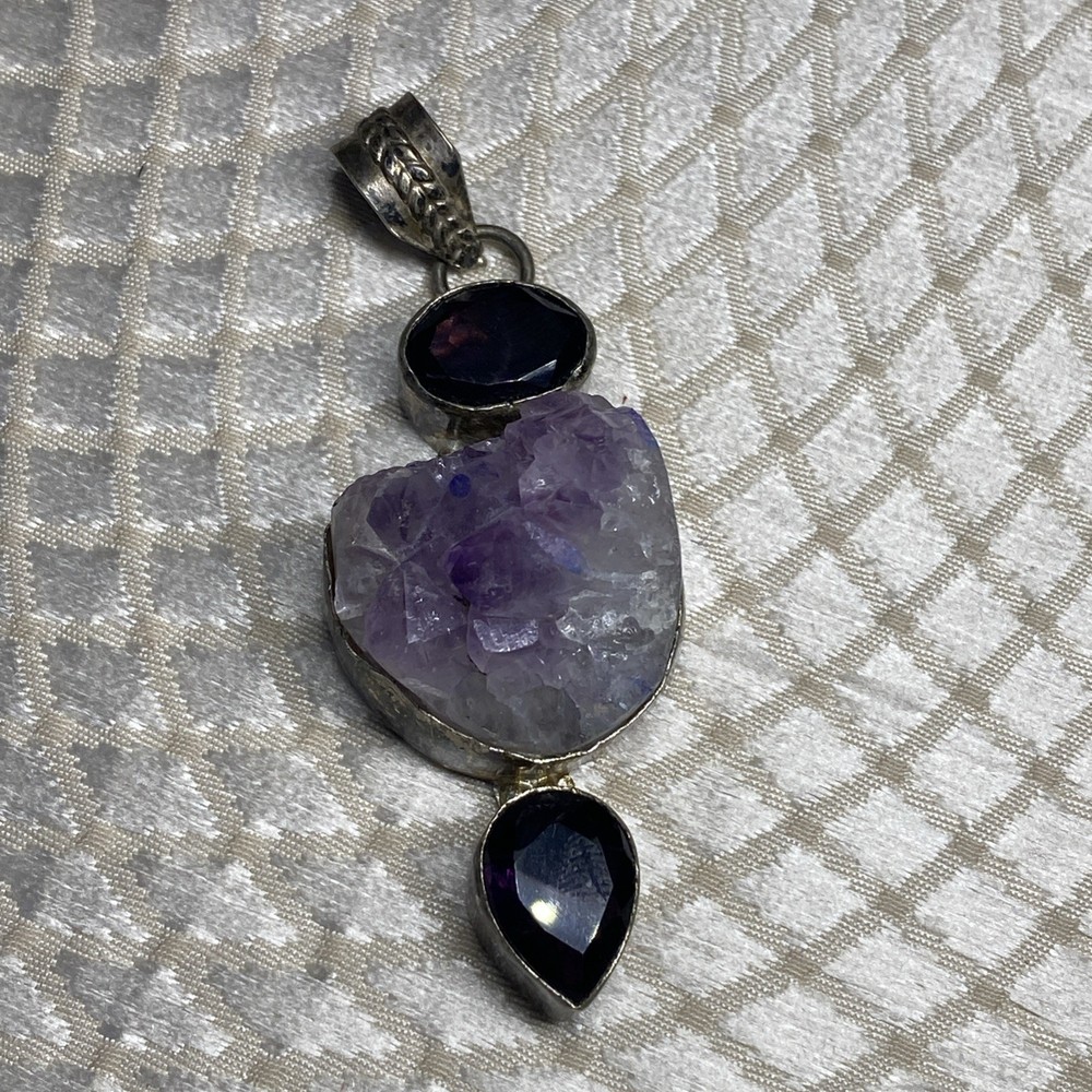 Sterling Silver 925 Amethyst Pendant with Raw Crystal Cluster – 62mm