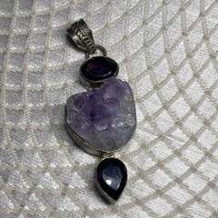 Sterling Silver 925 Amethyst Pendant with Raw Crystal Cluster – 62mm