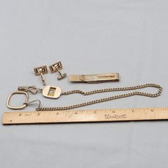 Vintage Swank Mens Jewelry Set Watch Fob Cufflinks Tie Bar Gold tone Monogram LB