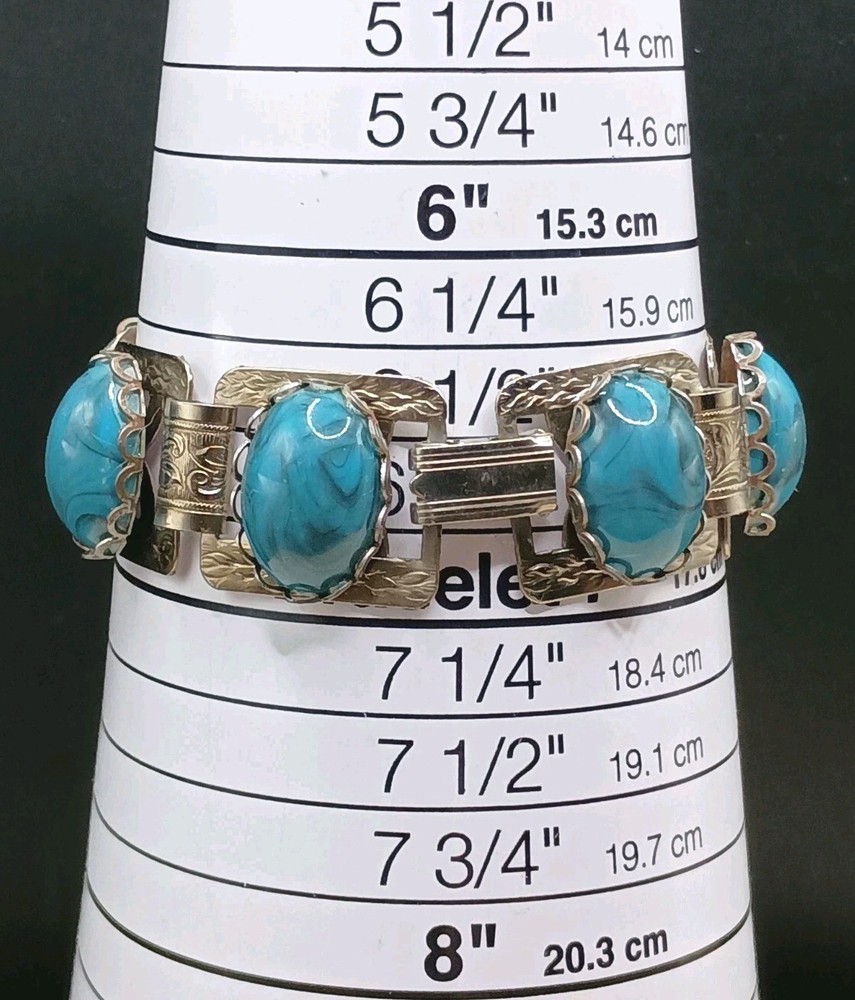 Vintage Silver Tone Etched Panel Bracelet Chunky Blue Faux Stone Statement 6.75”