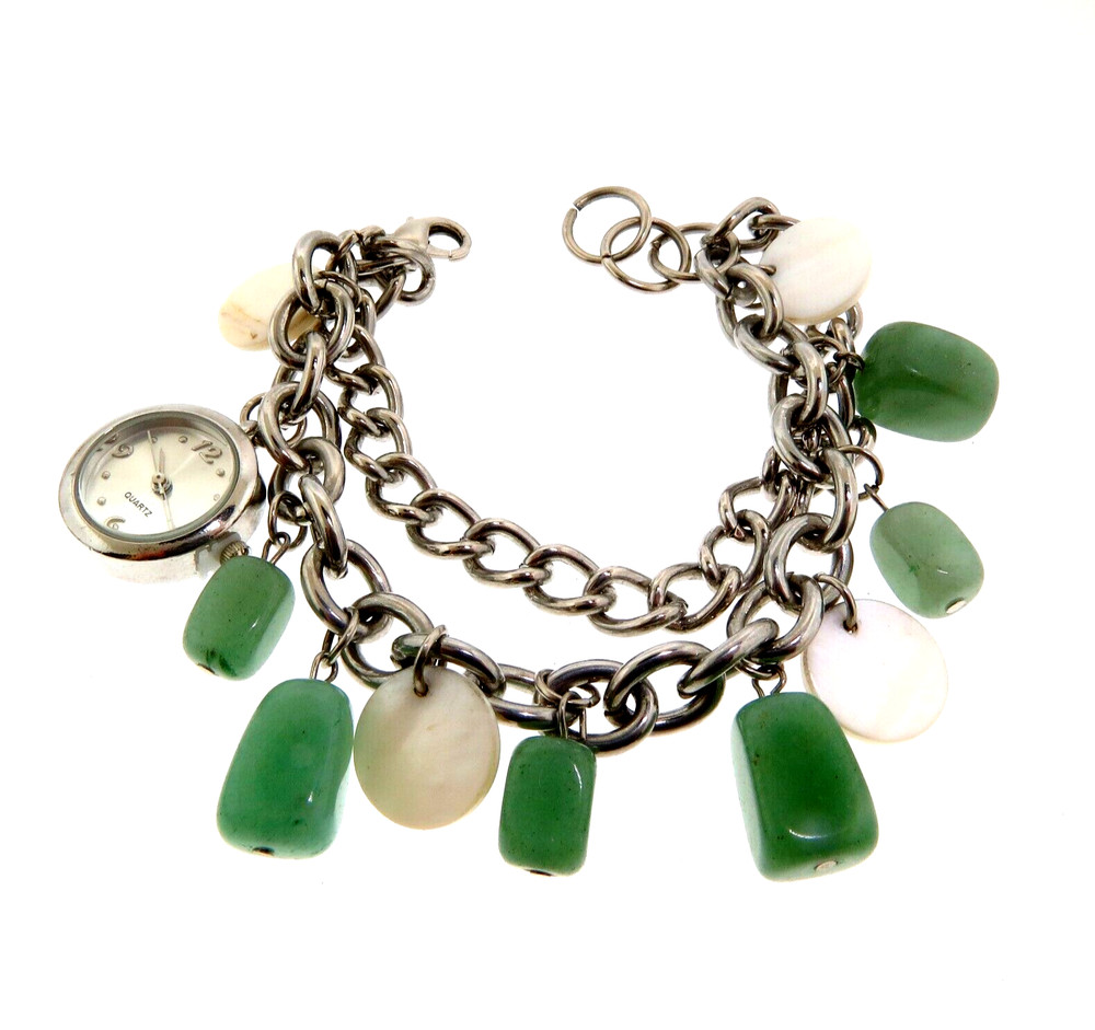 Aventurine Jade Watch Charm Bracelet Silver Tone 7.5 to 8.5 In
