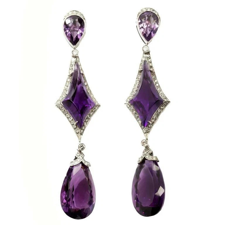 Vintage 49.22CT Pear & Trapezoid Cut Amethyst & 1.63CT White CZ Wedding Earrings