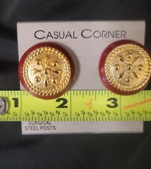 Casual Corner 1980s Vintage Post Earrings Gold Maroon Button Enamel Signed NOS