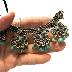 Vtg Faux Turquoise Stone Dangles & Antiqued Silver Tone Necklace ~17″ Boho Chic