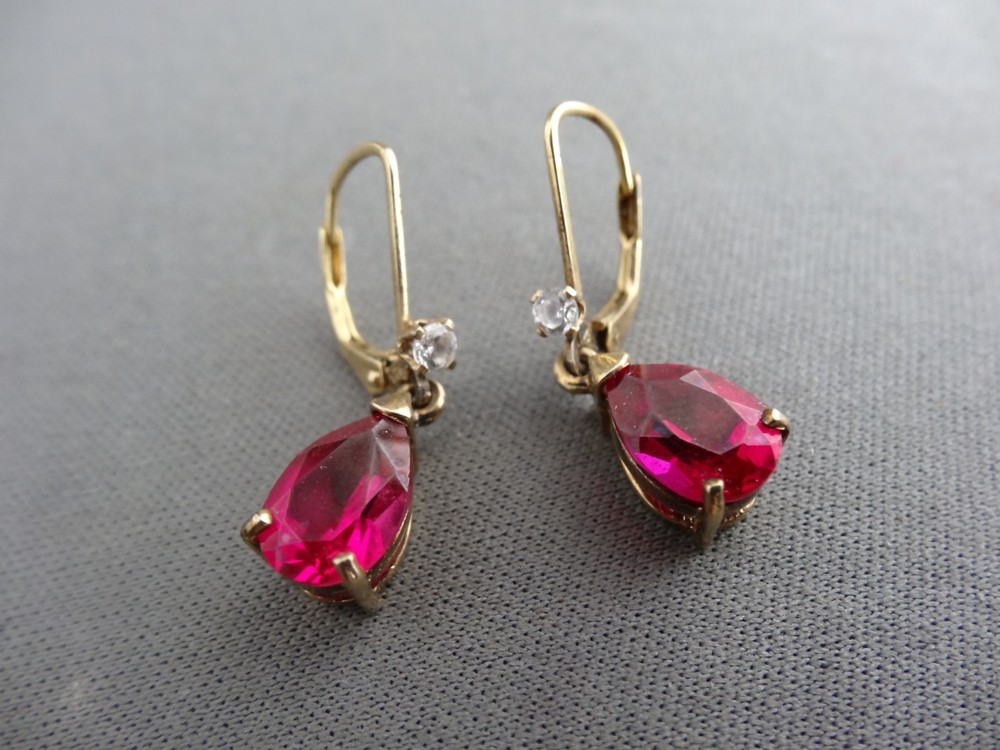 VINTAGE LA GILTED STERLING TEAR DROP RUBY SPINEL DANGLE PIERCED EARRINGS