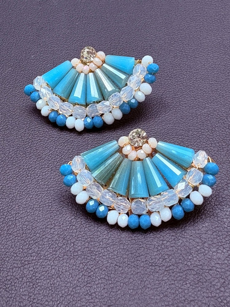 Vintage Aqua Blue Beaded Rhinestone Fan Earrings