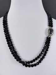 Black Glass Beaded Necklace Double Strand Cameo Clasp Art Deco French Jet Vtg