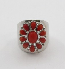 1.48CTW Oval and Pear Shape Coral Southwestern Style Sterling Silver Ring Size 8
