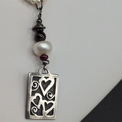 Vintage Necklace Sterling Silver Hearts Pearls Red Beads Love Valentines Day