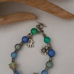 VINTAGE STERLING SILVER LOCK HAND FLOWER GEMSTONES BRACELET FITS 6.25IN 925