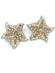 Kenneth Jay Lane KJL turquoise enamel STARFISH gold tone Pierced Earrings