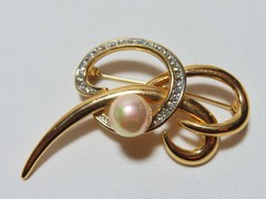 Vintage Gold Contemporary Abstract Art Sculpture Brooch Faux Pearl Rhinestones