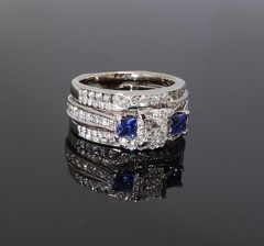 Vintage 14k White Gold Diamond & Sapphire Triple Bridal Ring Set sz L Val $9690