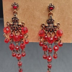 Ornate Red and Copper Chandelier Post Dangle Shoulder Duster Earrings 2.5″