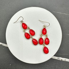 Gold-Tone Faceted Red Glass Stone Teardrop Dangle Drop Chandelier Earrings Retro