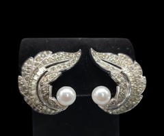 Jomaz Rhinestone Paved Winged Clip On Earrings Faux Pearl Accent Vintage Patent
