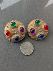 Vintage Multicolor Cabochon Costume Clip On Earrings Gold Tone Chunky Heavy R48