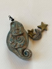Handmade Green & Gold Polymer Clay Celestial Face & Star & Moon Charms Pendant –