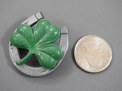 vintage GOOD LUCK PIN. C-CLASP Horseshoe & Clover shamrock