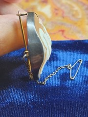 1.75″ Carved Shell Cameo, Gold Filled Wire Mount Safety Chain Silver