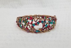 Vtg Multicolor Red Blue Pink Olive Crystal & Openwork Copper Clamper Bracelet