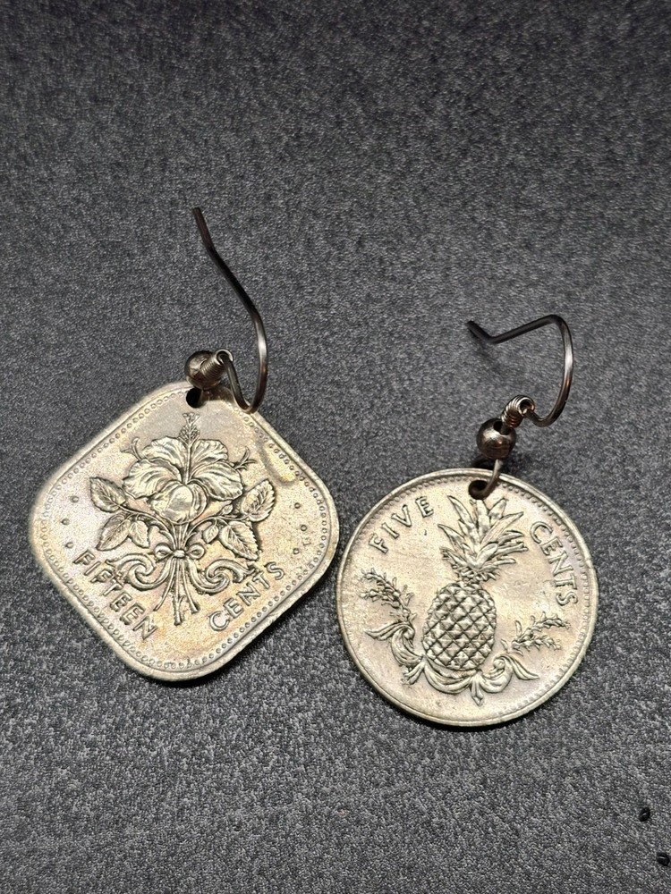 Bahamas Silver Coin Earrings Hibiscus And Pineapple Different Shaped Vintage