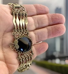 Vintage Boho Silver Alloy & Onyx Artisan Hand Created Bracelet, 6-3/4″ Long