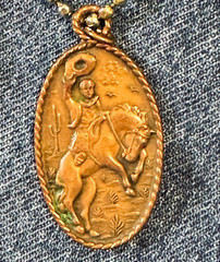 Bell Trading Post Vintage Copper Western Relief Cowboy Horse Pendant 1940s RARE
