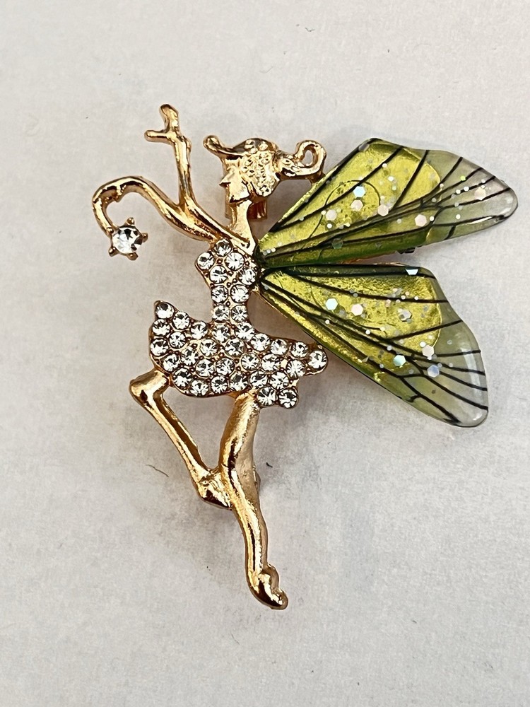 Elegant Fairy Brooch Pin – Rhinestone Gold Tone with Iridescent Purple Wings