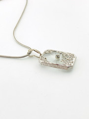 Vintage Camphor Glass Genuine Diamond Pendant Necklace Rhodium Plated Floral