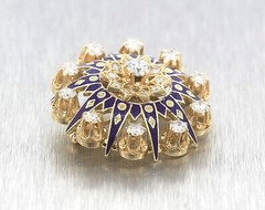 Elegant Ladies Antique 14K Yellow Gold 2.25ctw Diamond Blue Enamel Brooch Pin