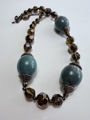 Vintage Necklace Large Blue Green Ceramic Beads, Crystal, Copper Findings 27”