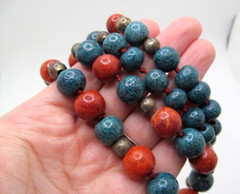 Vintage Silver Tone Matte Red & Blue Agate Marbled Precious Stone Necklace 29 In