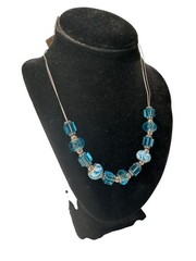 Art Glass Necklace Blue & White Beads Spacers 18” Wire Lobster Clasp Boho