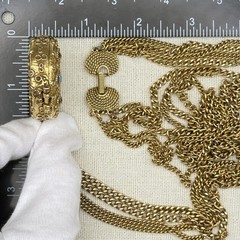 Vintage Goldette Trinket Locket Multi Strand Chain 30-42″ Blue Red Scrollwork