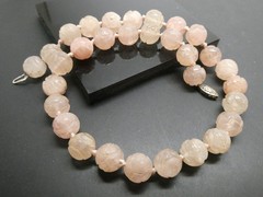 Vintage Chinese Rose Quartz Carved Round 14mm Shou Bead Knotted Necklace 19″