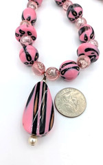 Vintage Glass Necklace Pink Black Art Glass Beaded Pendant 18 Inch