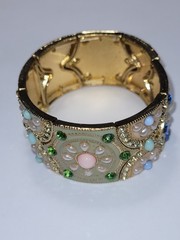 Vintage Wide Cuff Cloisonné Bracelet Ornate Enamel Rhinestone Gold-tone Jewelry