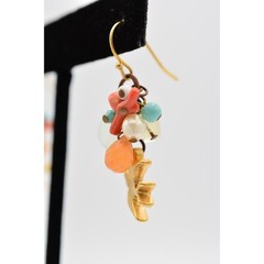 Vintage Beaded Earrings Dove Bird Brushed Gold Tone Multi-Color Dangle BinAB