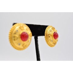 Vintage Cabochon Earrings Red Brushed Gold Matte Chunky Crystal NOS 1980s BinA11