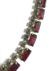 Vintage Rhinestone Necklace Red Baguette Clear AB Crystals Gold Tone 15” Choker