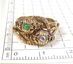 Vintage 14K Rose Gold Double Serpent Ring Diamond Natural Jade & Ruby Eyes Deco